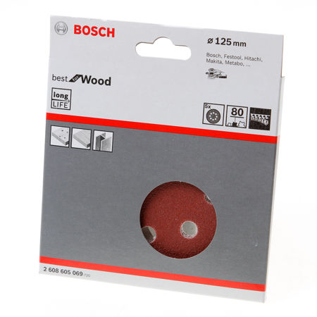 Afbeelding van Bosch Schuurschijf 8-gats wood and paint diameter 125mm K80 blister van 5 schijven